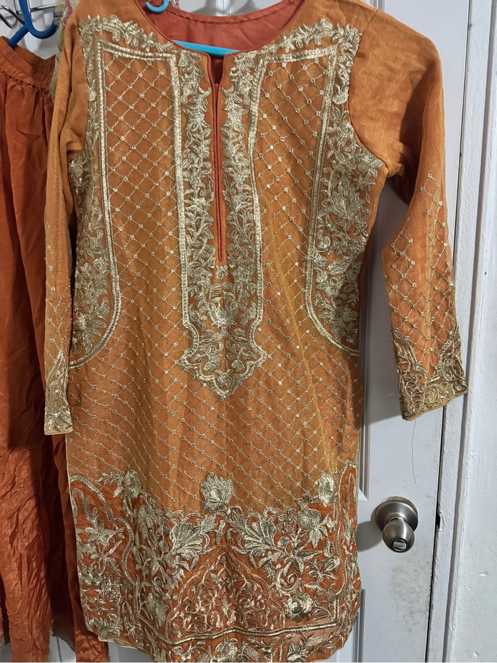 Embroidered Orange & Light Golden Panel short shirt with shrara